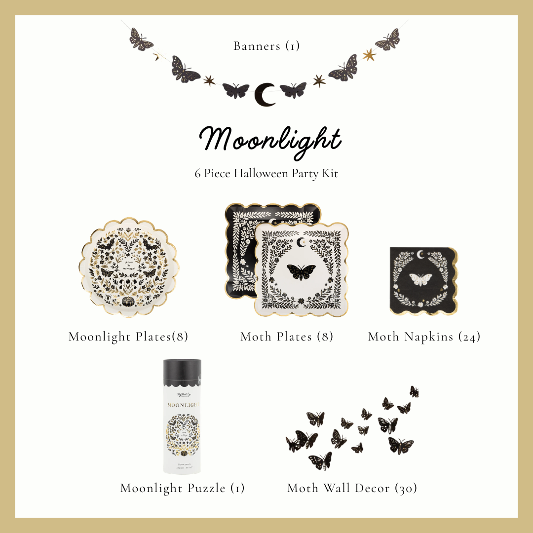 Moonlight Halloween party kit contents, gold rimmed moth and moonlight plates, black moth napkins, butterfly moon banner, 30 moth wall decals and a Moonlight jigsaw puzzle