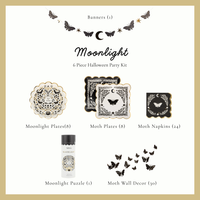 Moonlight Halloween party kit contents, gold rimmed moth and moonlight plates, black moth napkins, butterfly moon banner, 30 moth wall decals and a Moonlight jigsaw puzzle