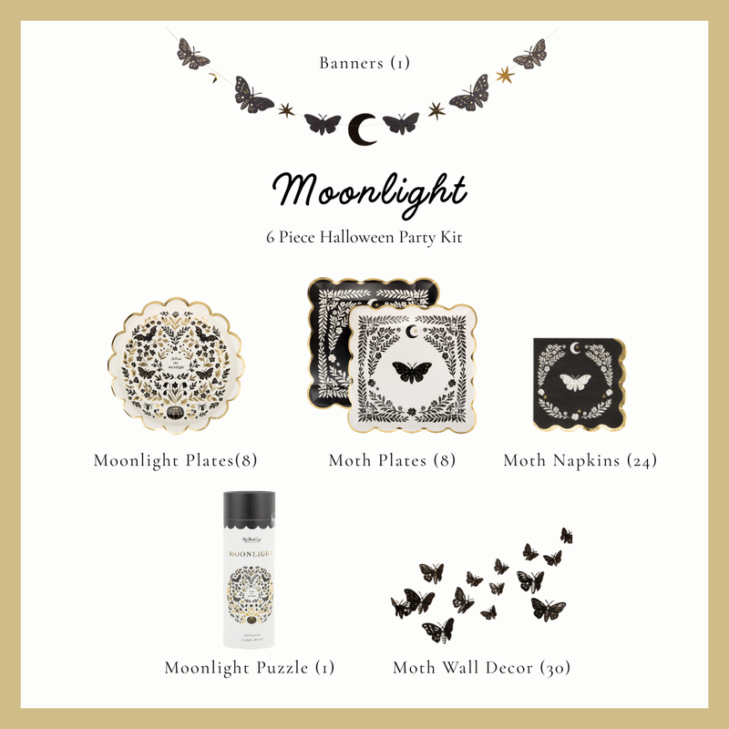 Moonlight Halloween party kit contents, gold rimmed moth and moonlight plates, black moth napkins, butterfly moon banner, 30 moth wall decals and a Moonlight jigsaw puzzle
