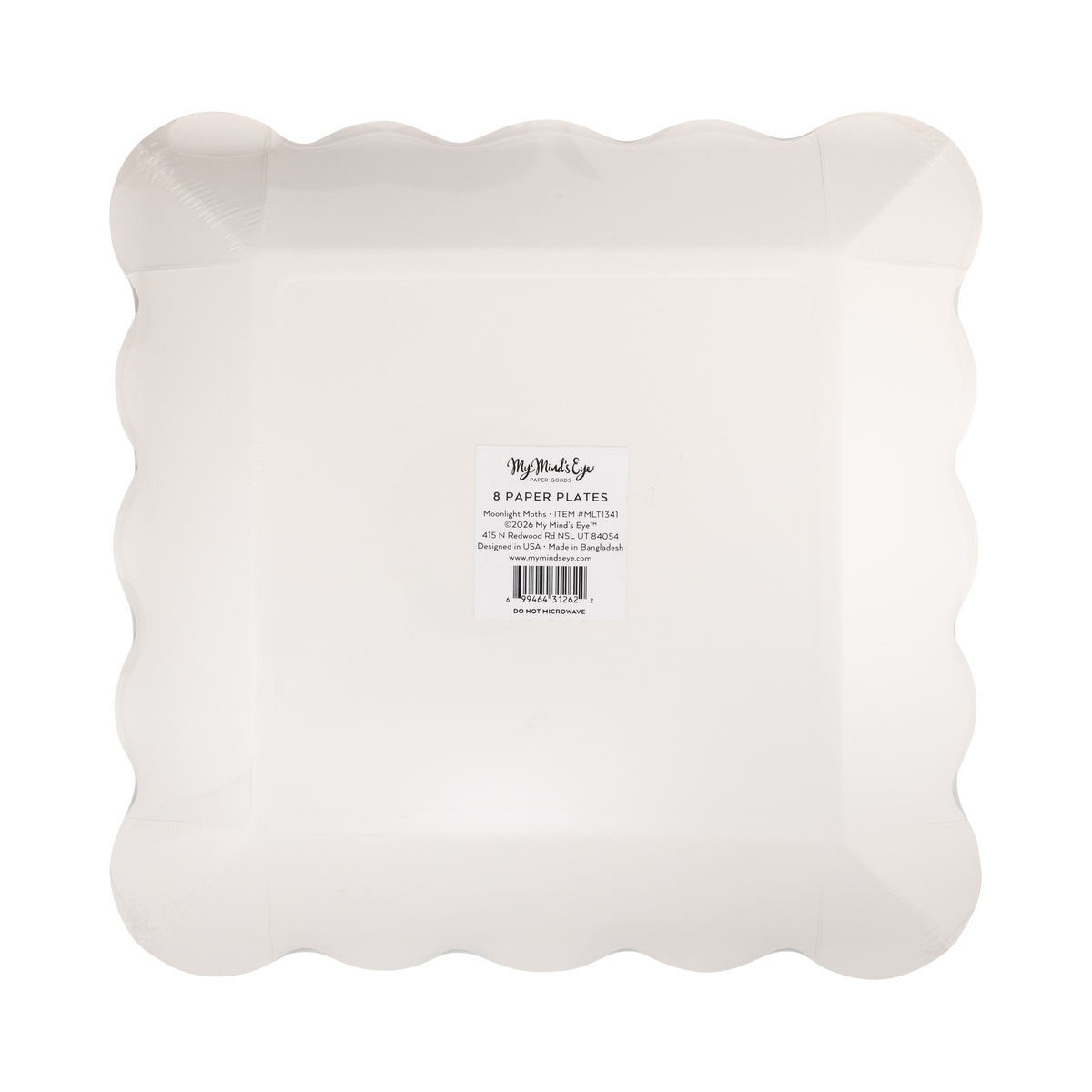 Back packaging view of the 8 pack moonlight moth paper dinner plates showing manufacturer information and SKU MLT1341.