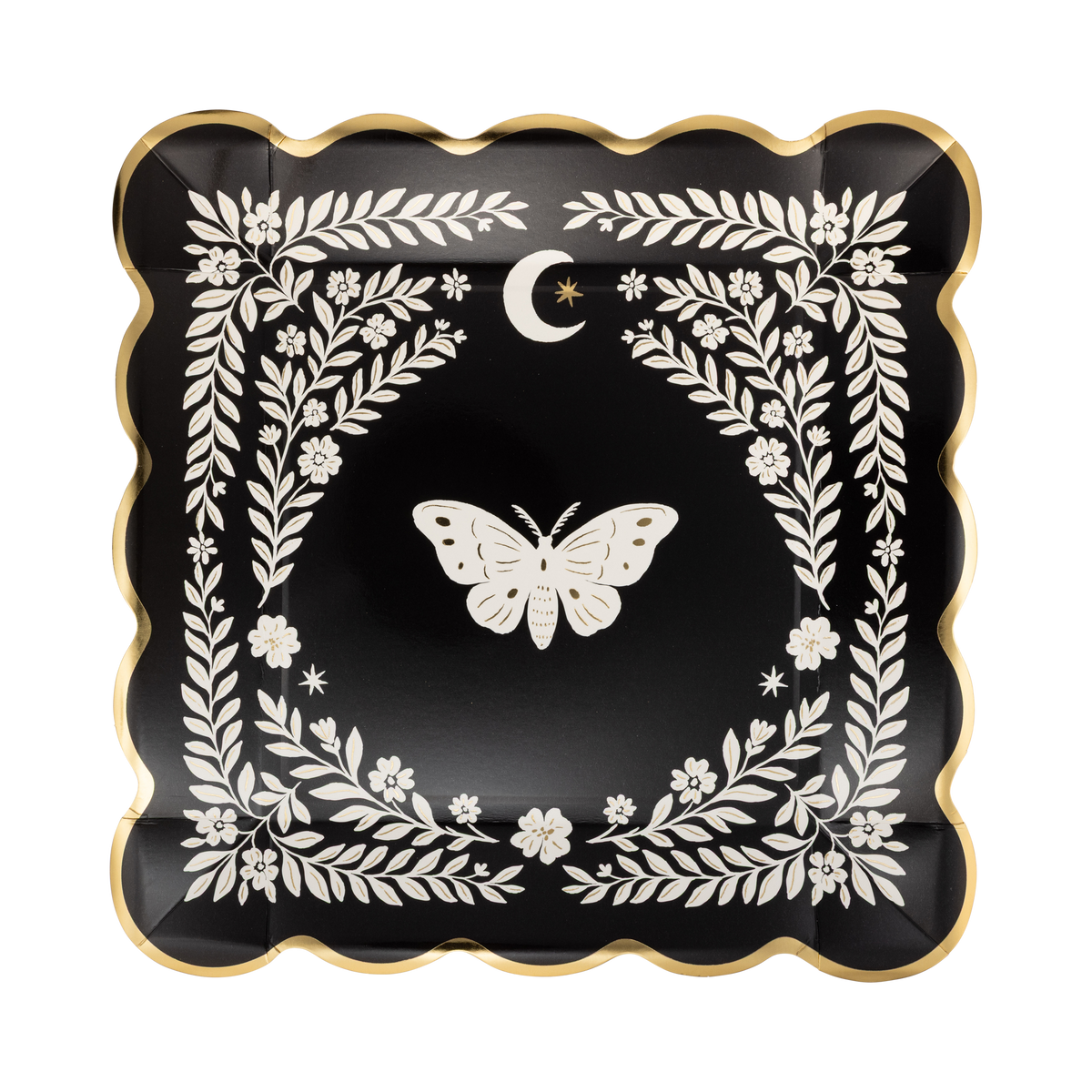 Top view of black moonlight moth square paper plate with white moth illustration and gold foil scalloped edge.
