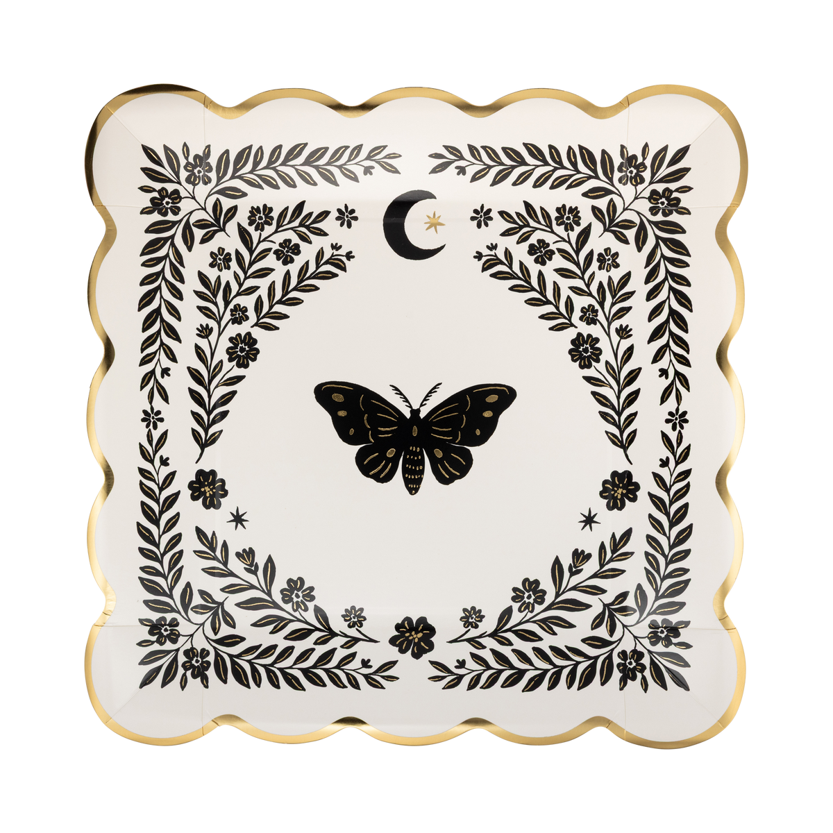 Top view of cream moonlight moth square paper dinner plate with gold foil scalloped edges and black botanical illustration against white background.