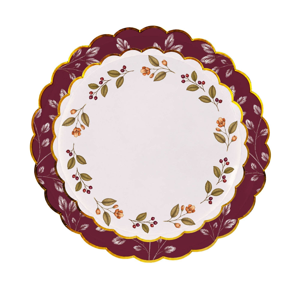 Mulberry-wreath dessert plate layered on a burgundy berry-vine scalloped charger.