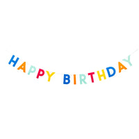 An isolated view of a reusable banner with bright puffy felt letters spelling out Happy Birthday.