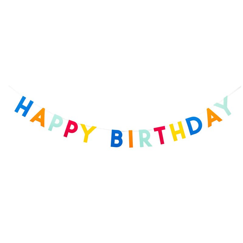 An isolated view of a reusable banner with bright puffy felt letters spelling out Happy Birthday.