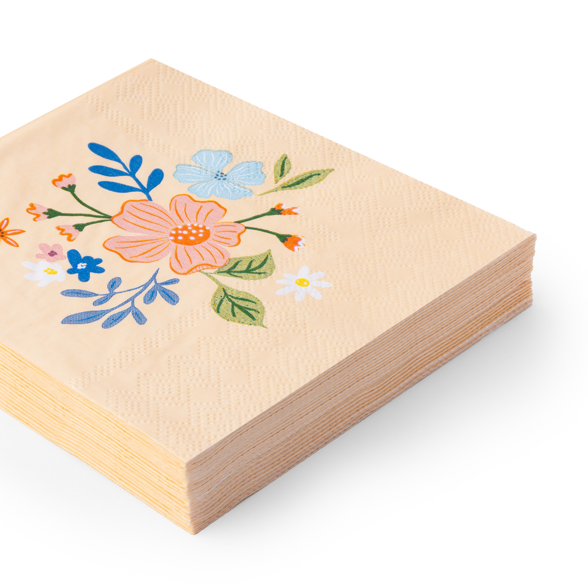 Stack of floral cocktail napkins with multicolor botanical print.