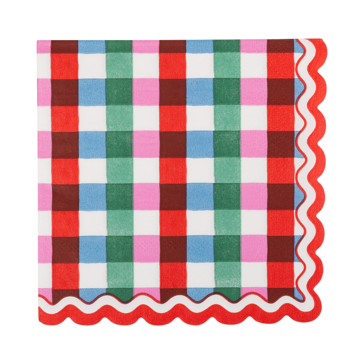 Multicolor gingham paper cocktail napkin in red, pink, blue, and green with wavy red and cream edge
