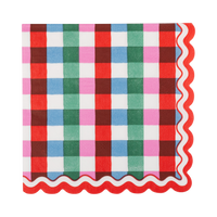Multicolor gingham paper cocktail napkin in red, pink, blue, and green with wavy red and cream edge