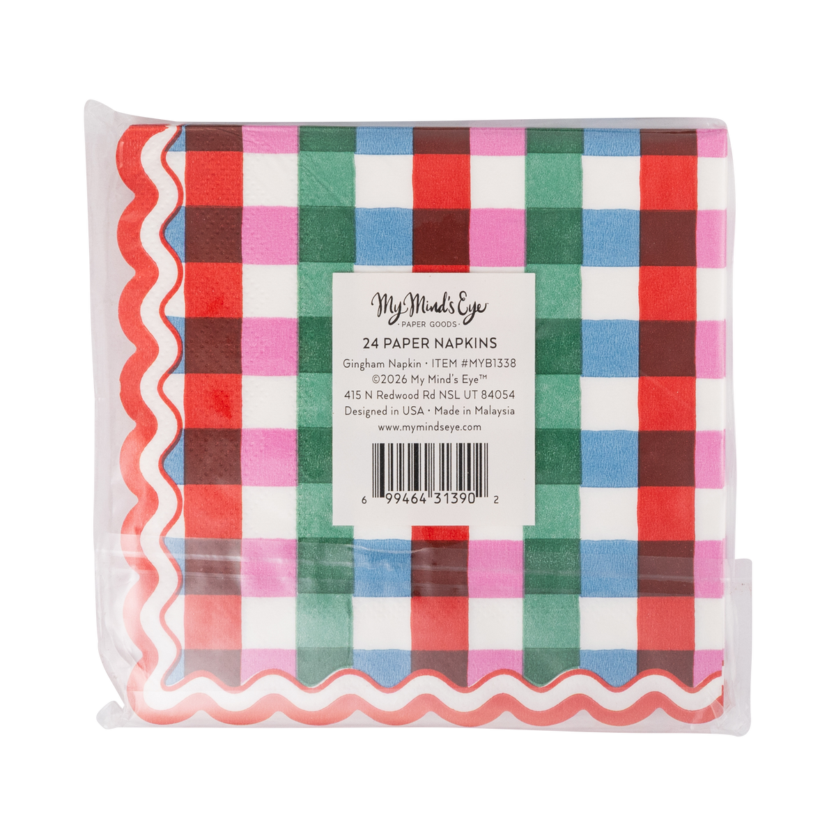 Back of multicolor gingham paper cocktail napkin pack showing label for 24 napkins