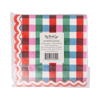 Back of multicolor gingham paper cocktail napkin pack showing label for 24 napkins