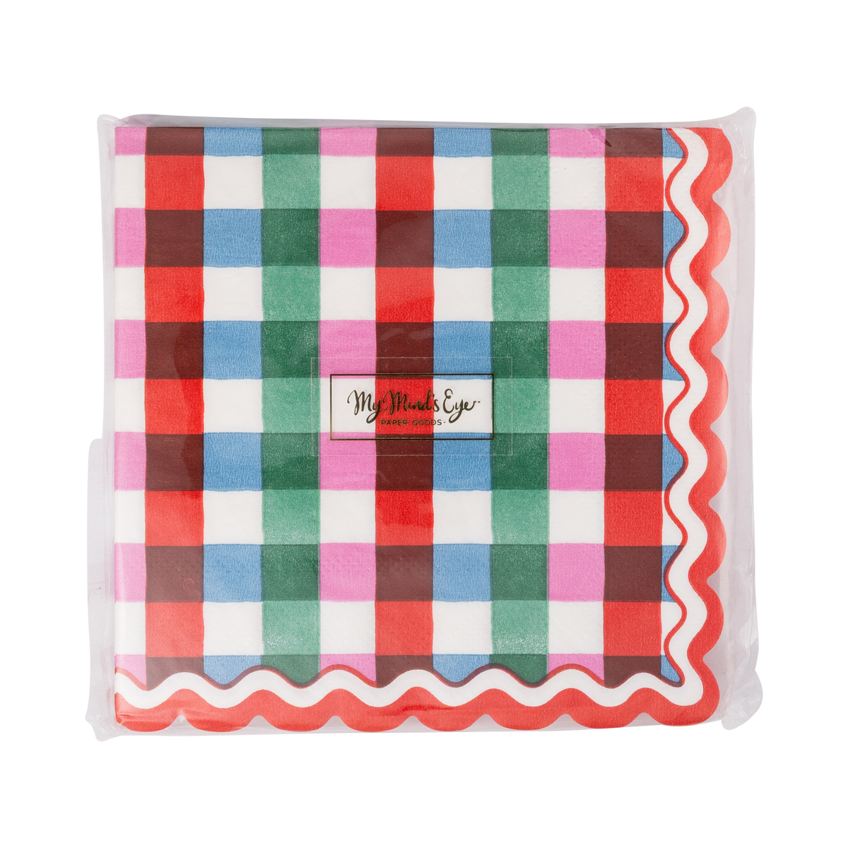 Pack of multicolor gingham paper cocktail napkins with wavy red and cream edge