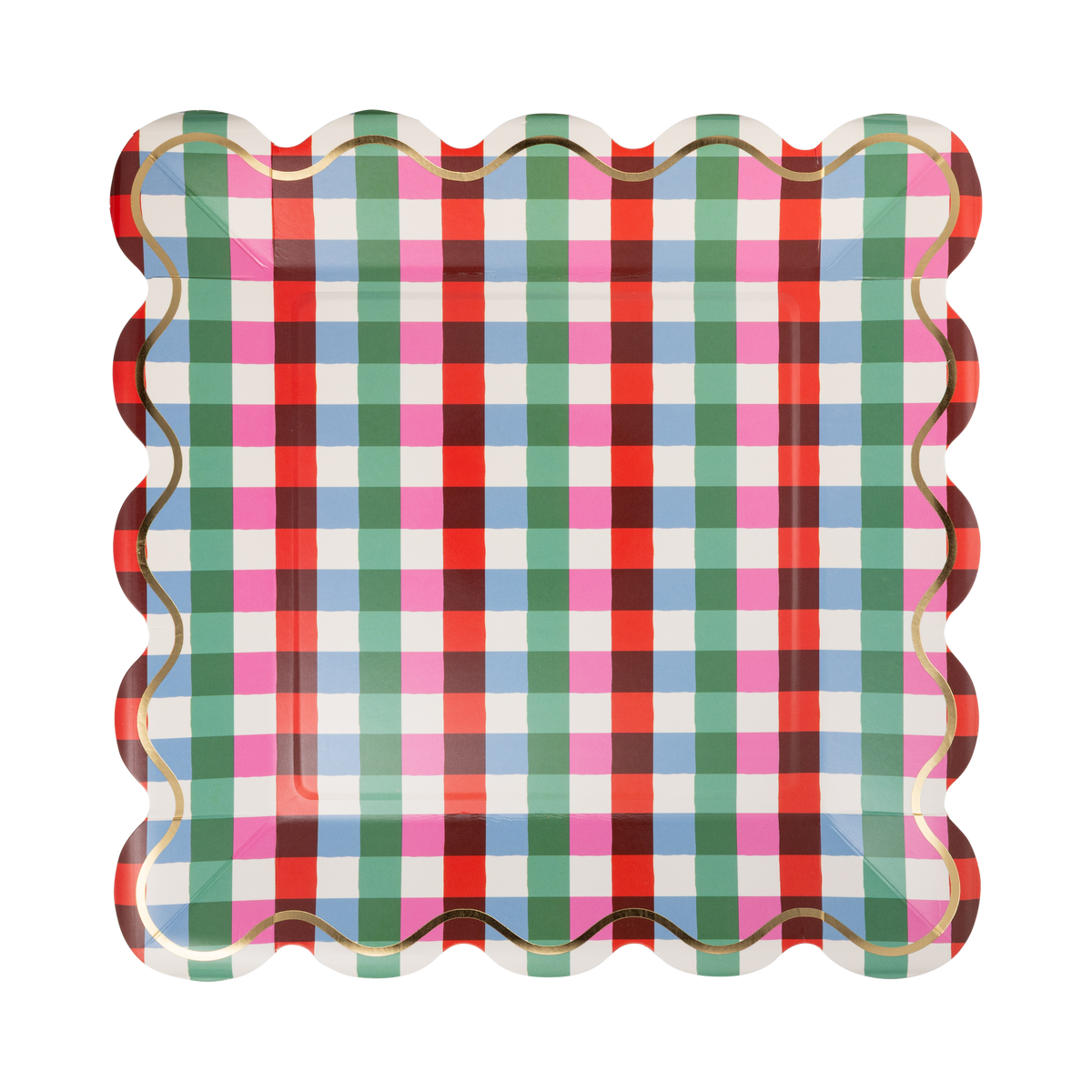 Multicolor gingham square paper plate with a gold foil wavy line