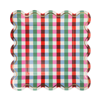 Multicolor gingham square paper plate with a gold foil wavy line