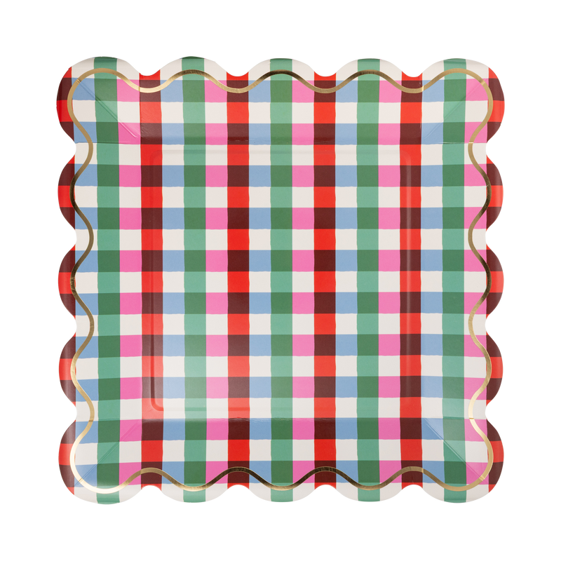 Multicolor gingham square paper plate with a gold foil wavy line