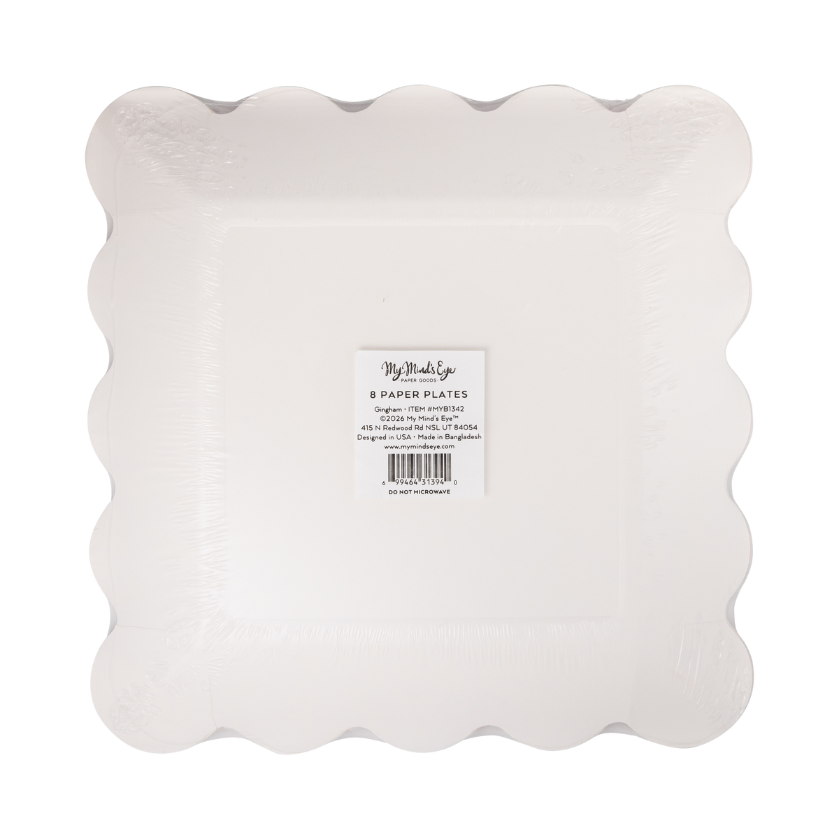 Back of multicolor gingham paper plate pack showing label for 8 paper plates