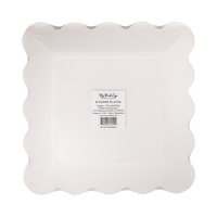 Back of multicolor gingham paper plate pack showing label for 8 paper plates