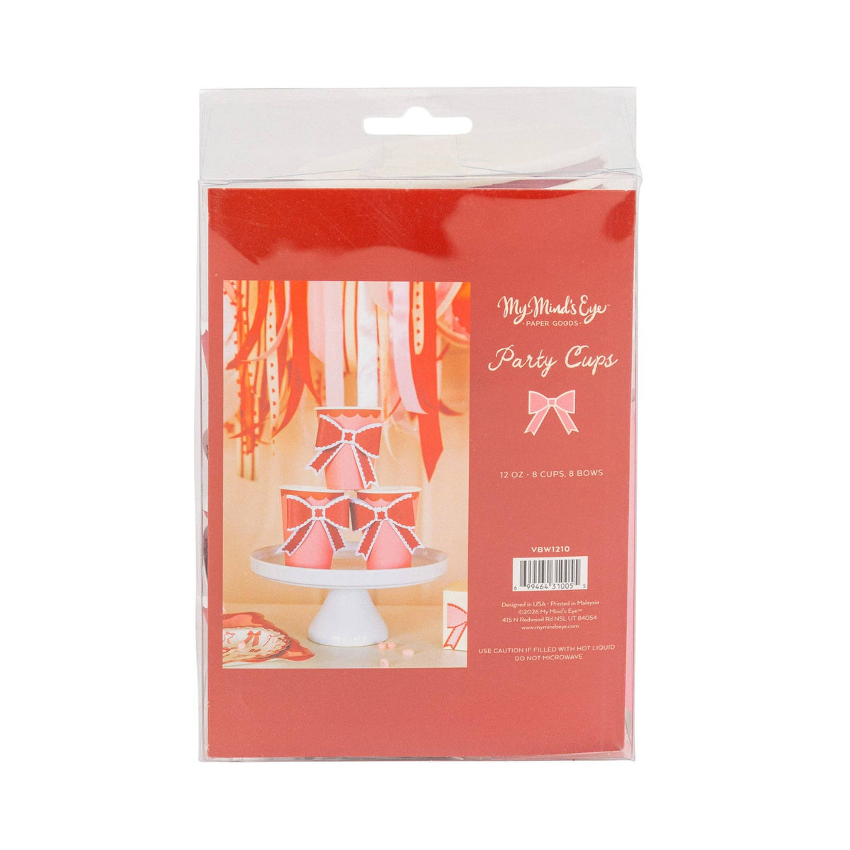 Back packaging showing bow party cups styled on a dessert stand