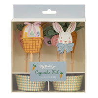 Retail packaging for the My Mind's Eye Easter cupcake kit showing 24 liners and picks with garden-themed icons.
