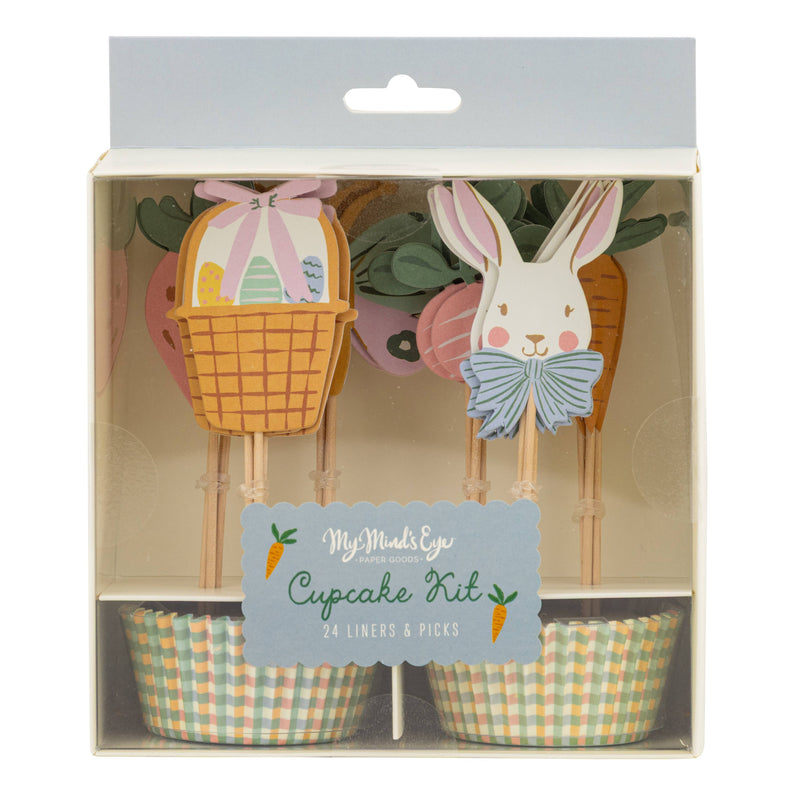 Retail packaging for the My Mind's Eye Easter cupcake kit showing 24 liners and picks with garden-themed icons.