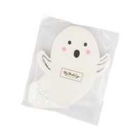 Front packaging view of the My Mind's Eye Spooky Friends ghost napkin sealed in clear cellophane with a gold brand sticker.