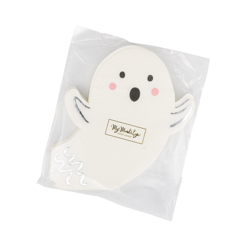 Front packaging view of the My Mind's Eye Spooky Friends ghost napkin sealed in clear cellophane with a gold brand sticker.
