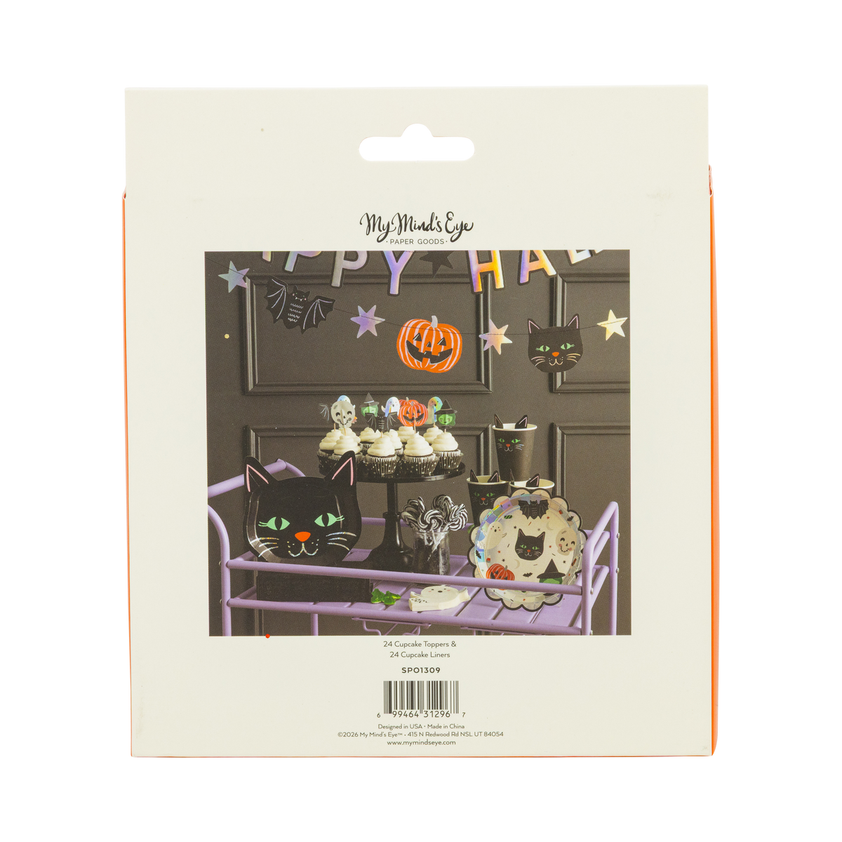 Back of Spooky Friends cupcake kit packaging showing styled lifestyle imagery of a Halloween party spread.
