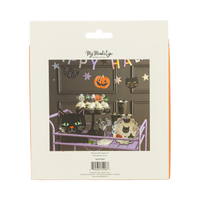Back of Spooky Friends cupcake kit packaging showing styled lifestyle imagery of a Halloween party spread.