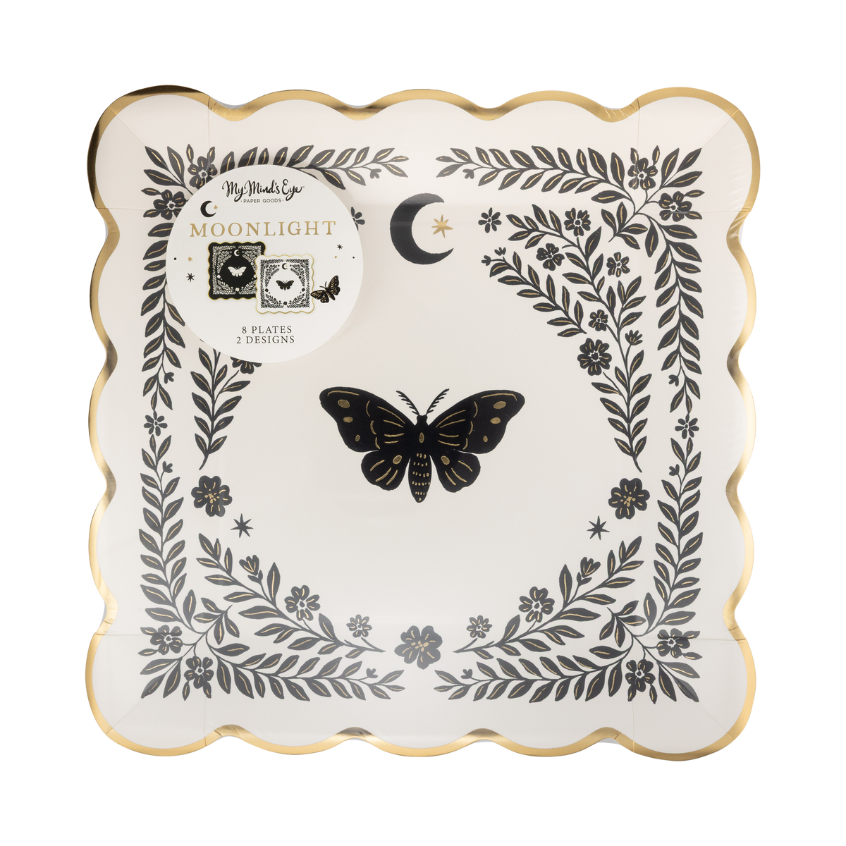 Front packaging view of My Mind's Eye Moonlight Moths 10 inch square paper plate set displaying the cream moth design.