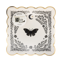 Front packaging view of My Mind's Eye Moonlight Moths 10 inch square paper plate set displaying the cream moth design.
