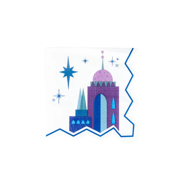 Product cutout of blue cityscape napkin with stars
