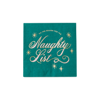 Flat green Christmas cocktail napkin with gold-foil "Naughty List" script and small gold starbursts on a green ground.