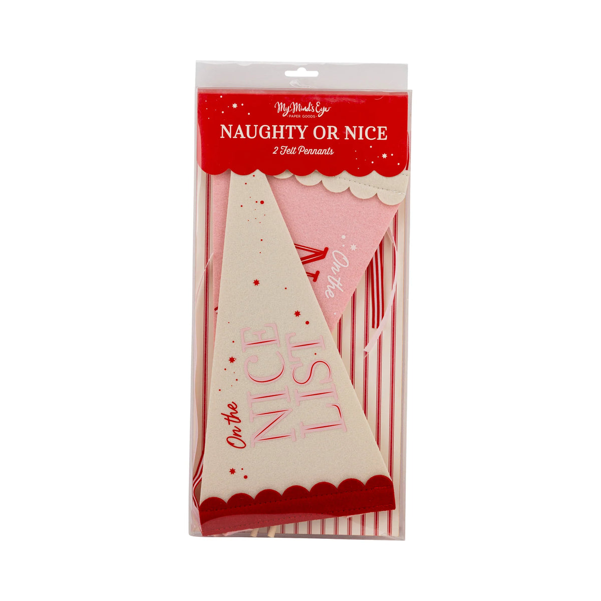 Front package view of two felt Christmas pennant banners labeled Naughty or Nice.