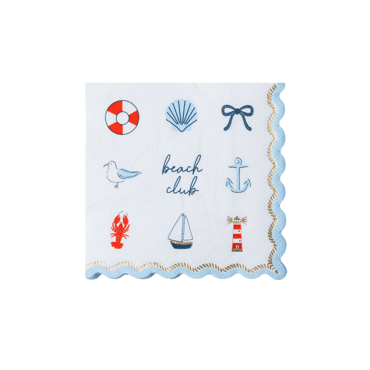 Single nautical beach club cocktail napkin laid flat showing lobster, lighthouse, sailboat, anchor, shell, seagull, and lifering icons with a gold rope scalloped edge.