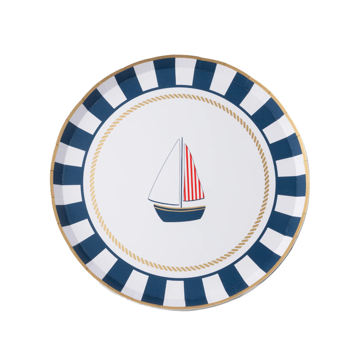 Single nautical sailboat paper dessert plate on a white background showing the navy sailboat, striped sail, gold rope ring, and navy striped border.
