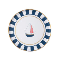 Single nautical sailboat paper dessert plate on a white background showing the navy sailboat, striped sail, gold rope ring, and navy striped border.
