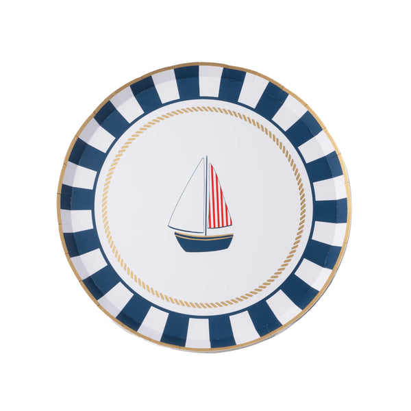 Single nautical sailboat paper dessert plate on a white background showing the navy sailboat, striped sail, gold rope ring, and navy striped border.