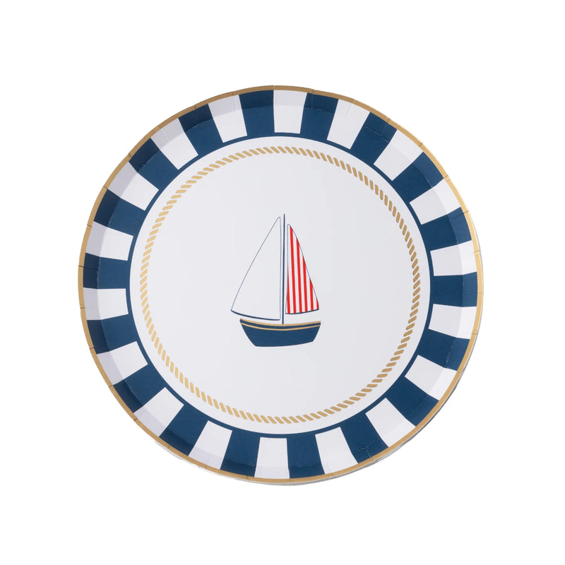 Single nautical sailboat paper dessert plate on a white background showing the navy sailboat, striped sail, gold rope ring, and navy striped border.