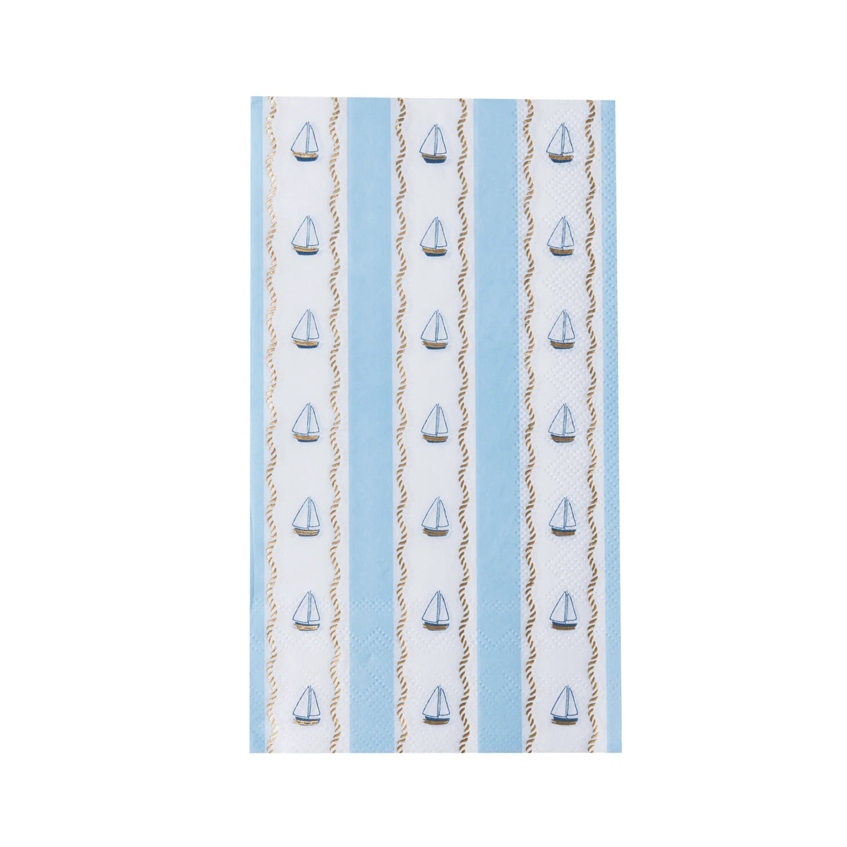 Single nautical sailboat paper guest towel laid flat showing vertical blue and white stripes, navy sailboats, and twisted gold rope lines.