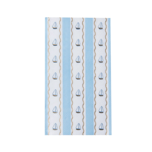 Single nautical sailboat paper guest towel laid flat showing vertical blue and white stripes, navy sailboats, and twisted gold rope lines.