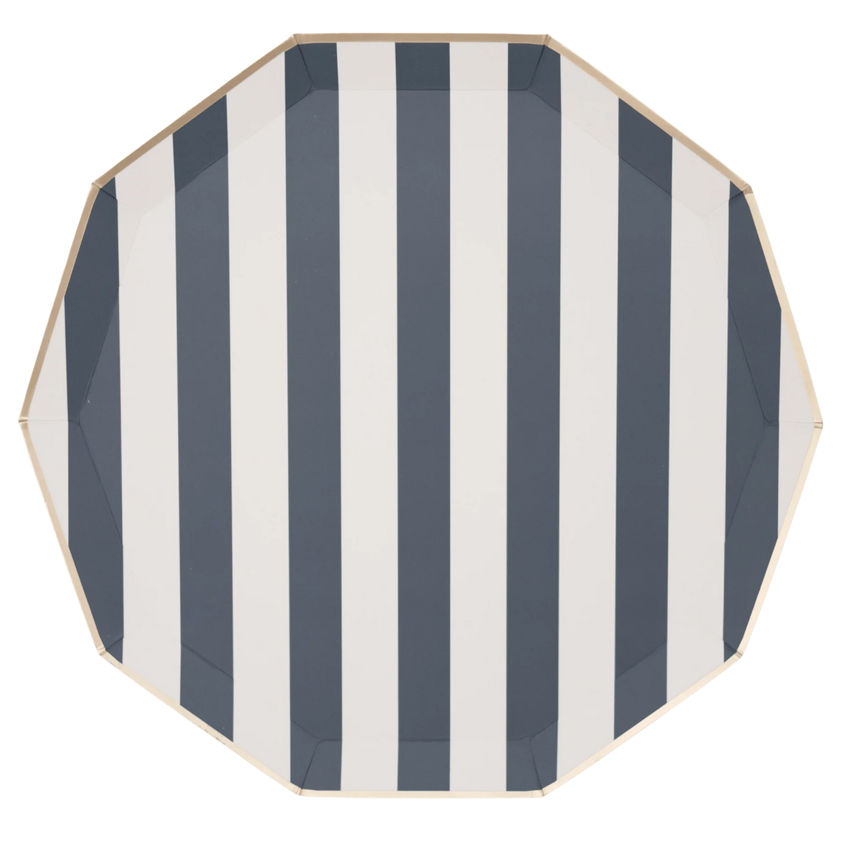 Navy and white cabana stripe paper dinner plate with a 10-sided decagon shape and gold foil rim on a white background.