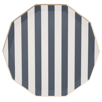Navy and white cabana stripe paper dinner plate with a 10-sided decagon shape and gold foil rim on a white background.