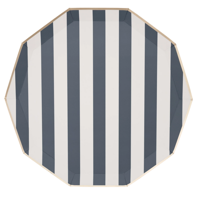 Navy and white cabana stripe paper dinner plate with a 10-sided decagon shape and gold foil rim on a white background.