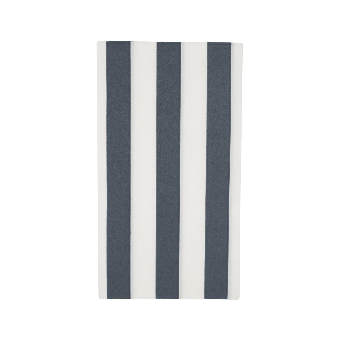 Navy and white cabana stripe paper guest towel napkin folded and shown flat on a white background.