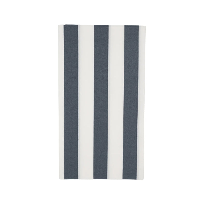 Navy and white cabana stripe paper guest towel napkin folded and shown flat on a white background.