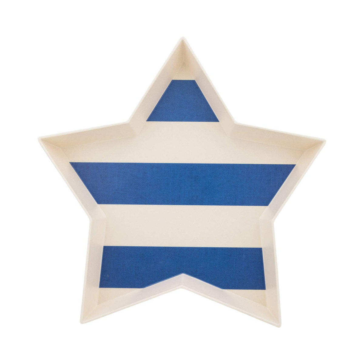 Navy and cream striped star shaped bamboo tray product shot on white background