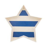 Navy and cream striped star shaped bamboo tray product shot on white background