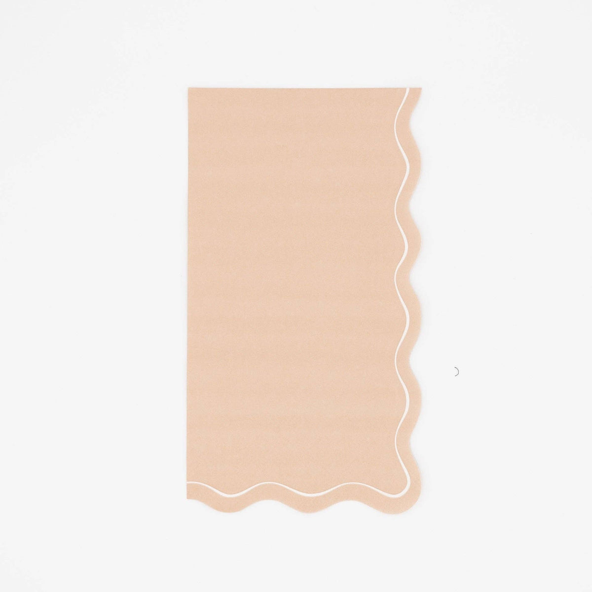 Solid light brown guest towel in warm tan with a flowing scalloped white-outlined edge, flat view on white background.
