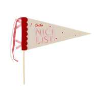 Cream ‘On the Nice List’ felt Christmas pennant with red trim and ribbon ties on wood dowel.