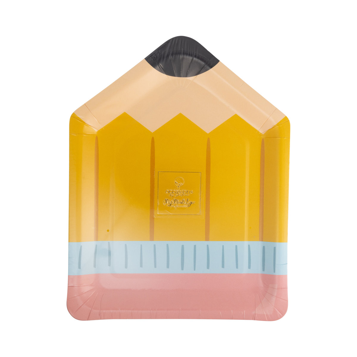 Front of No. 2 pencil shaped paper plate with yellow body, pink eraser, blue ferrule, and black graphite tip