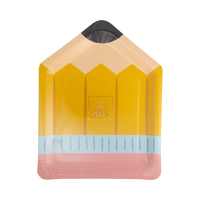 Front of No. 2 pencil shaped paper plate with yellow body, pink eraser, blue ferrule, and black graphite tip